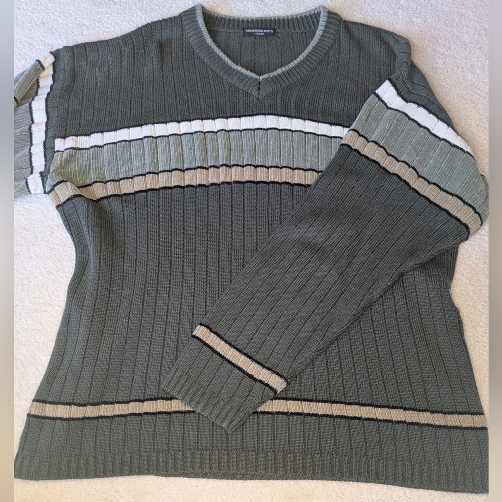 Men's V-Neck Sweater in Green and Cream